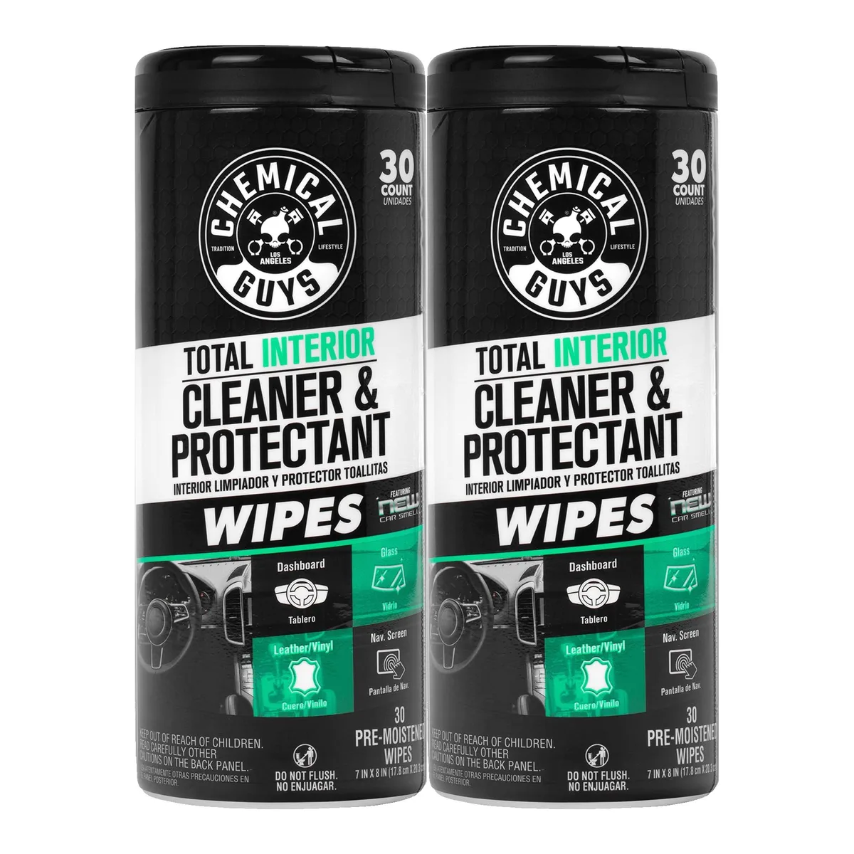 Two cylindrical canisters of pre-moistened interior cleaning wipes, each holding 30 count, labelled with new car scent branding