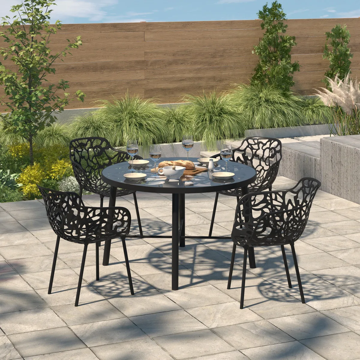 LeisureMod LeisureMod Devon Tree Design Glass Top Aluminum Base Patio Furniture, Black — product photo