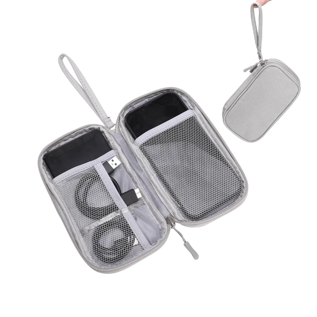 Grey rectangular single-layer travel pouch with zipper, padded water-repellent nylon exterior, soft sponge interior
