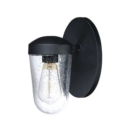 Black outdoor wall sconce with domed seedy glass diffuser and vintage T6 lamp