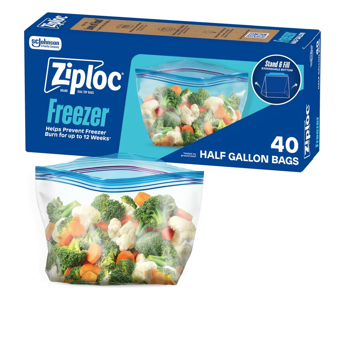 White rectangular box with blue Ziploc branding containing 40 half-gallon freezer bags
