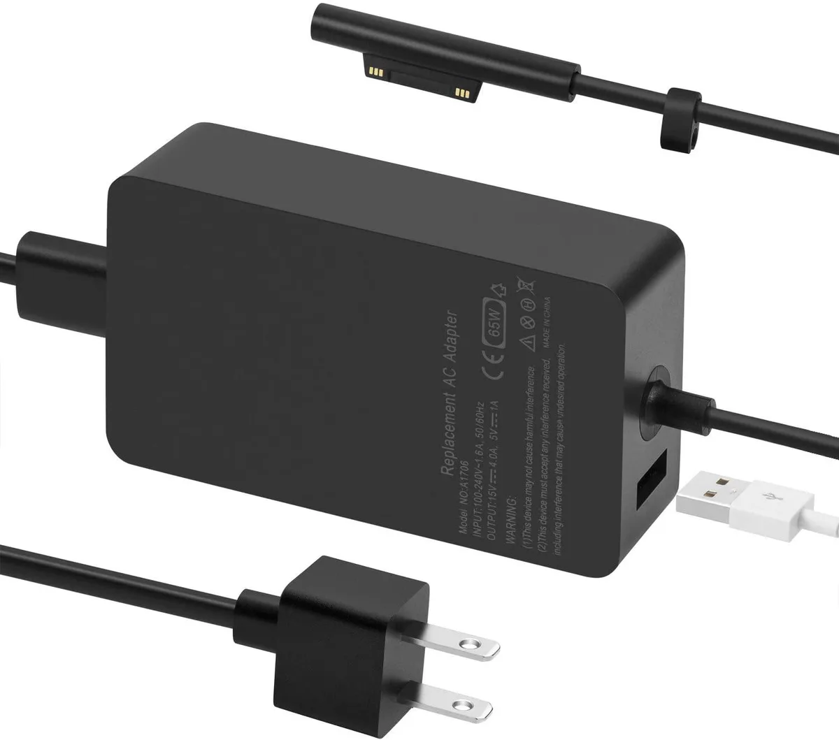 Compact black power brick with magnetic connector and USB port