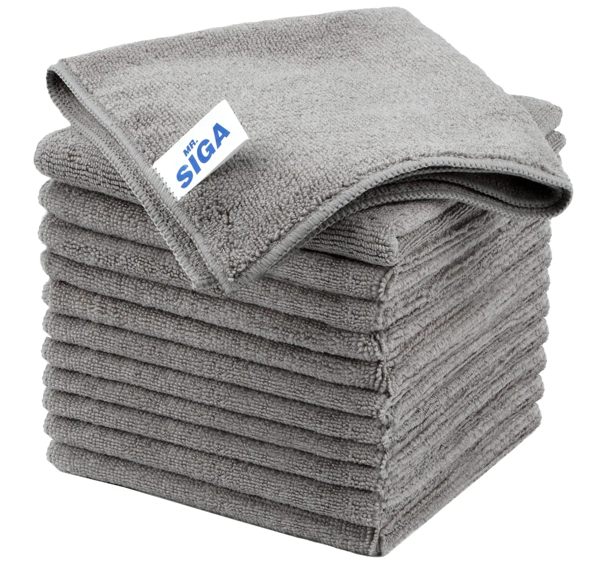 Stack of twelve square grey microfiber cloths with stitched edges