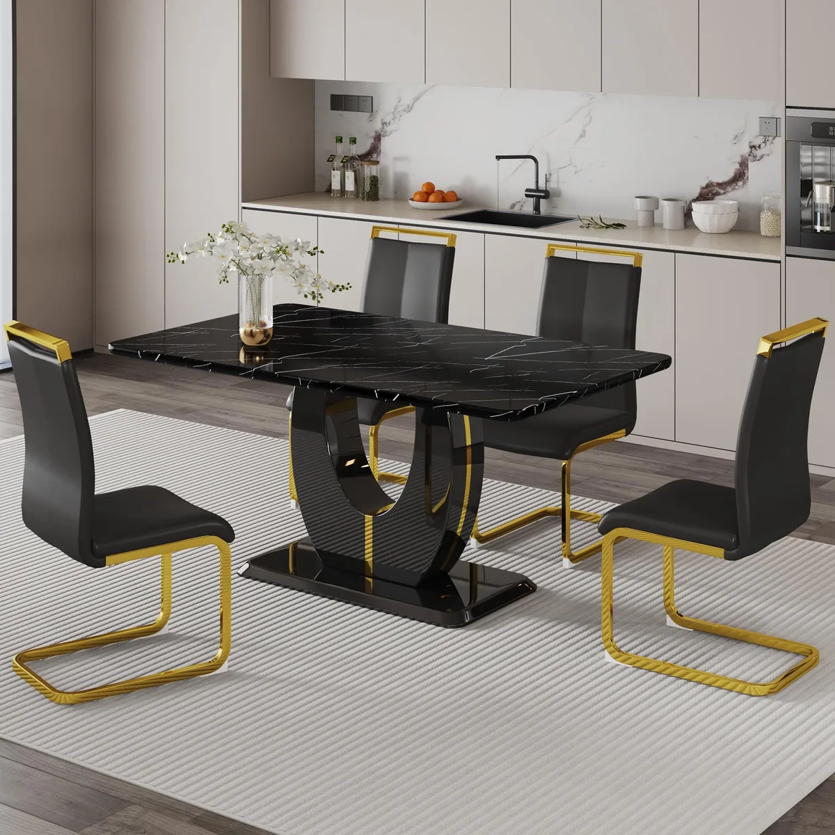 Sumdeal Sumdeal 63" Black Faux Marble 5-Piece Dining Set with 4 PU Leather Chairs, Golden Legs — product photo