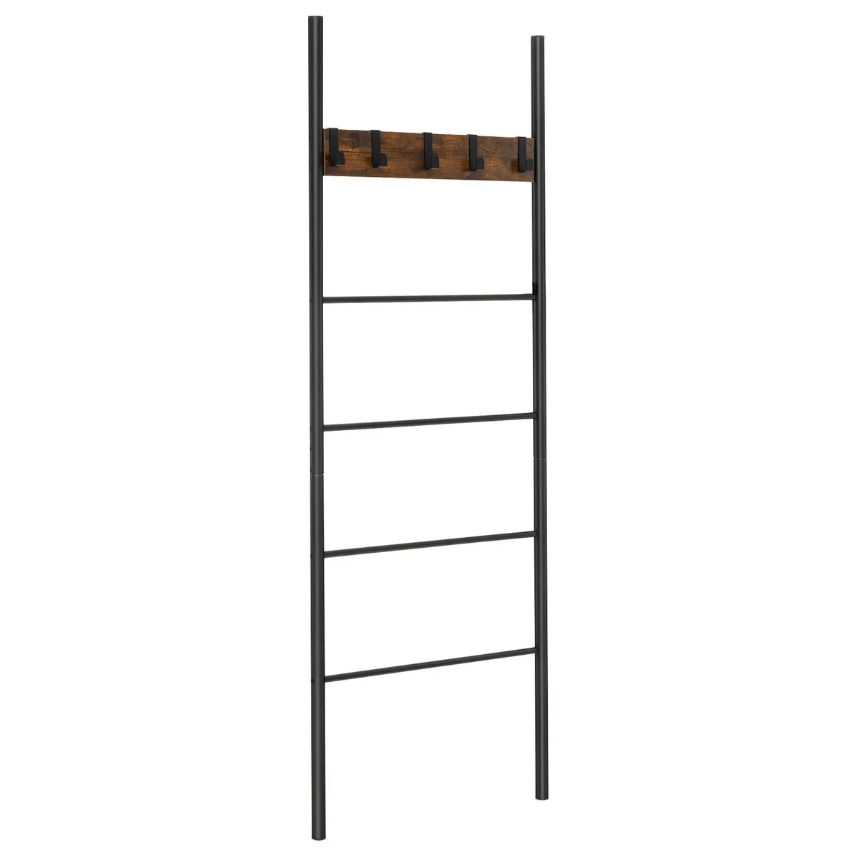Black metal ladder shelf with rustic brown wood bars and five removable hooks leaning against a wall