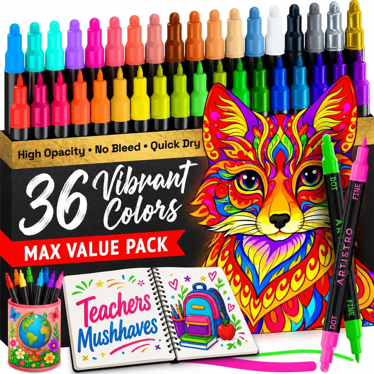 Set of 36 dual-tip acrylic paint marker pens in multicolor