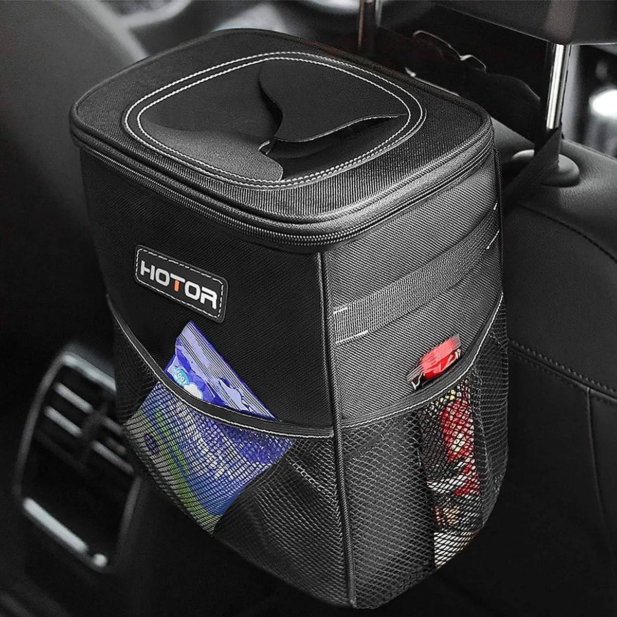 Black polyester car trash can with lid and storage pockets, collapsible rectangular shape, adjustable strap, 12 pack