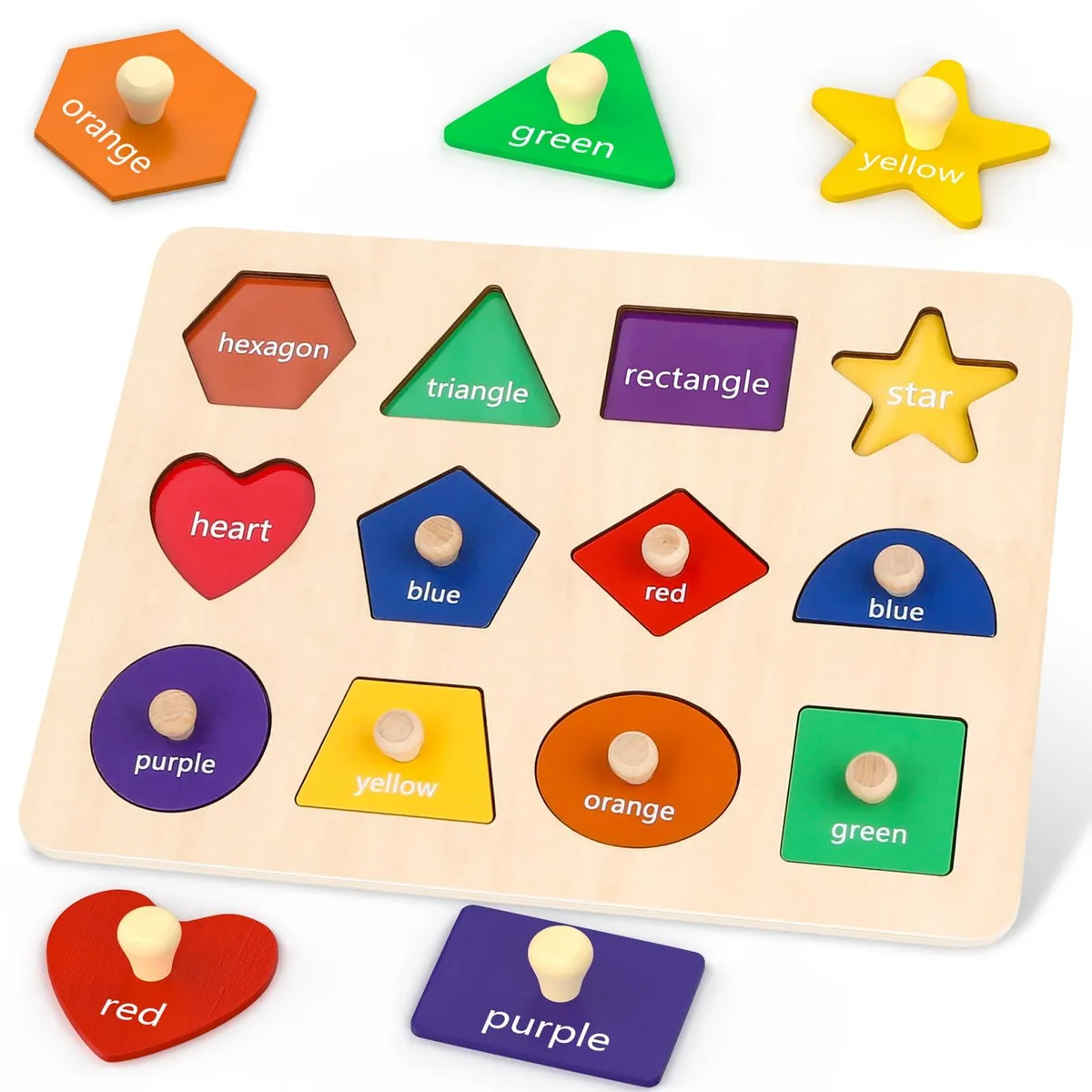 Wooden Shape Learning Puzzles 12 Shapes 6 Colors 12-18-24 Months — product photo
