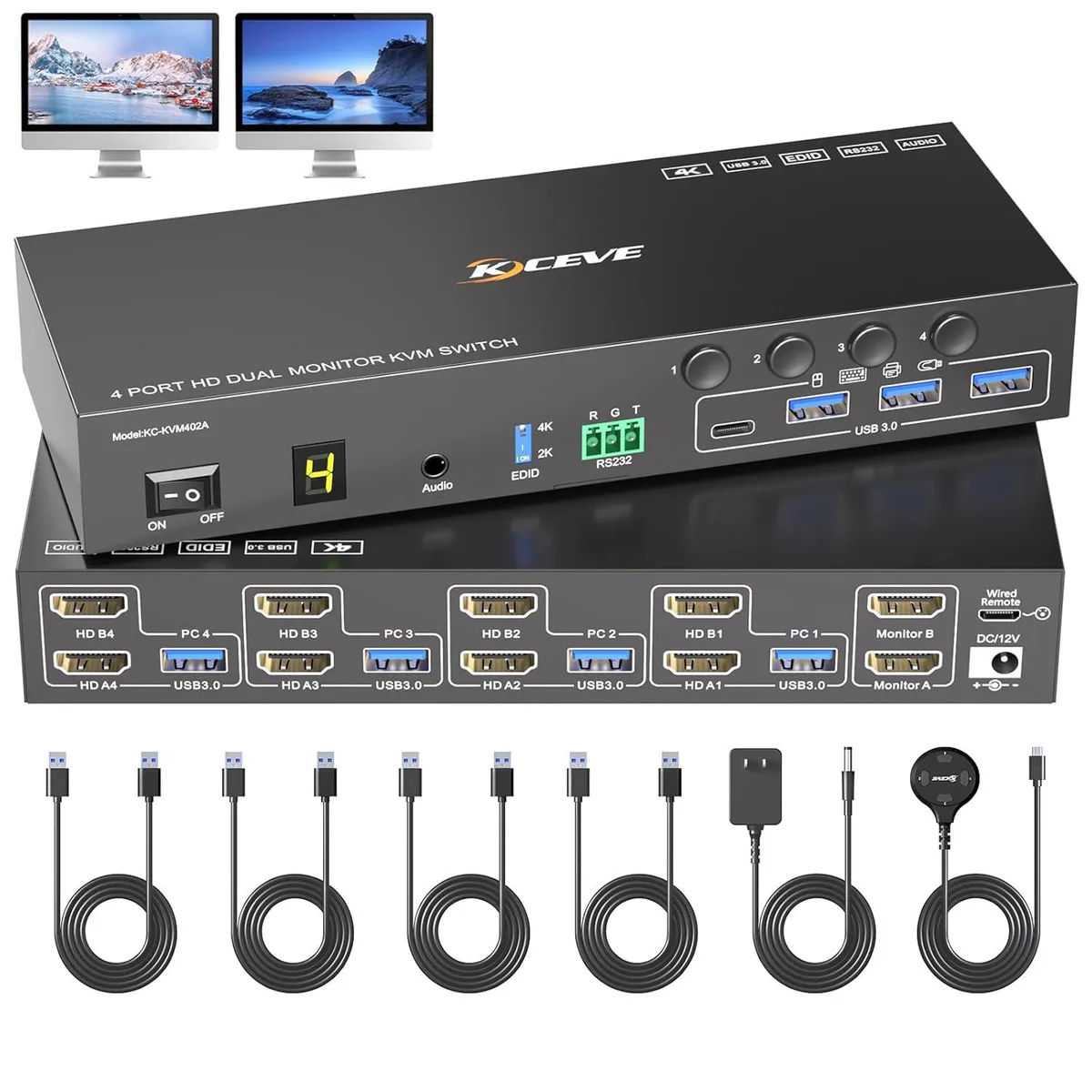 IHDAPP IHDAPP KC402A 4-Port 2-Monitor HDMI KVM Switch 4K@60Hz USB 3.0 — product photo