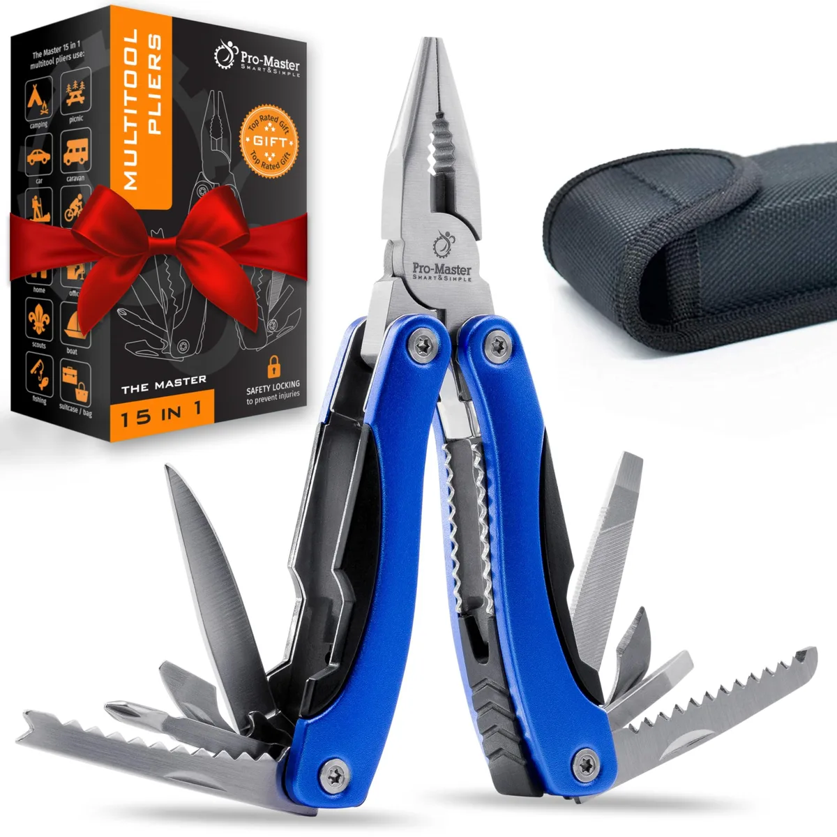 Stainless steel multitool with pliers and knife, closed position, silver finish