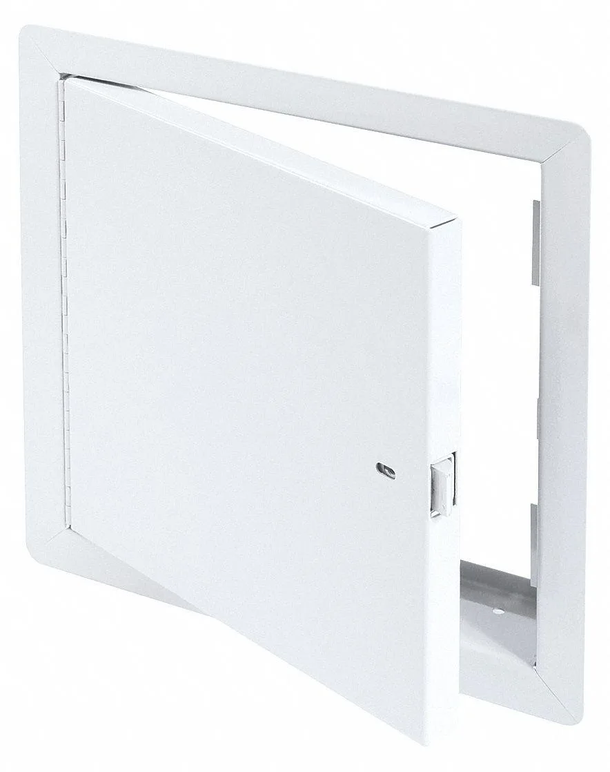 Steel access door, 24 by 24 inches, flush mount, powder-coated finish, self-latching tool key ring operated slam latch, piano hinge