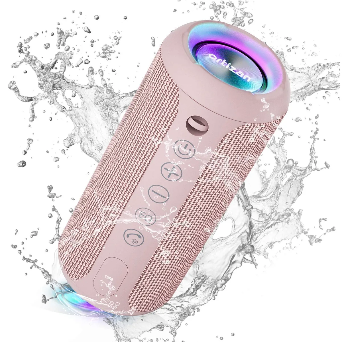 Pink rectangular portable speaker with fabric wrap and attached strap