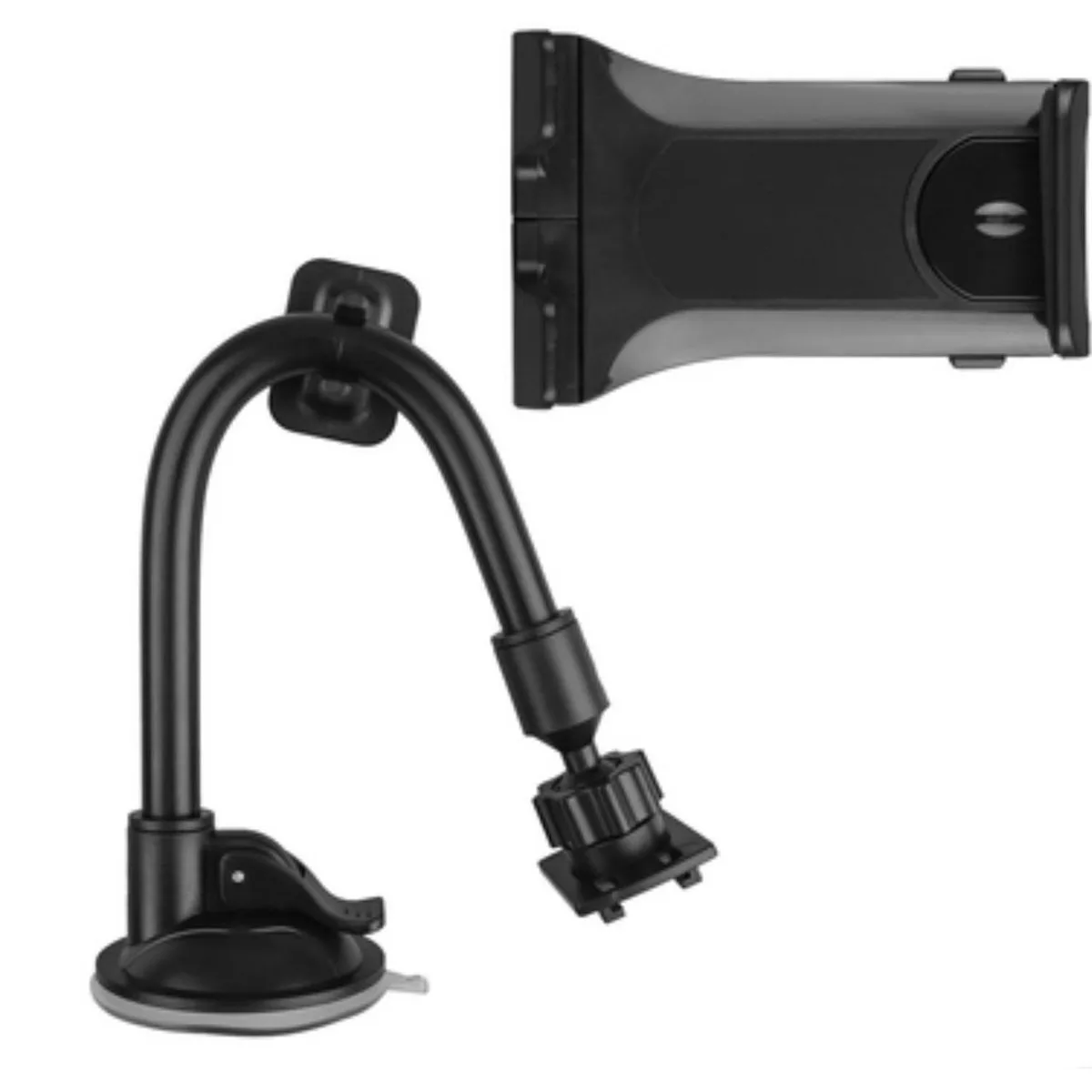 Black ABS and aluminium gooseneck car mount with suction cup and rotating cradle
