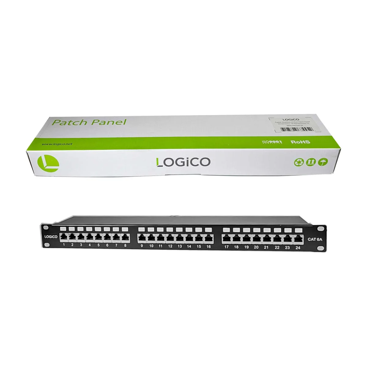 Black 1U rackmount patch panel with 24 shielded ports and 110 IDC termination