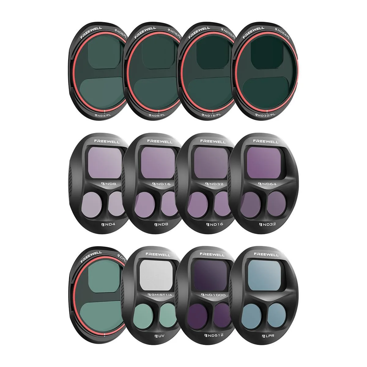 A black rectangular case holding twelve square drone camera filters in labelled slots