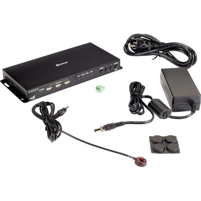 Compact black network decoder box with front buttons and rear ports