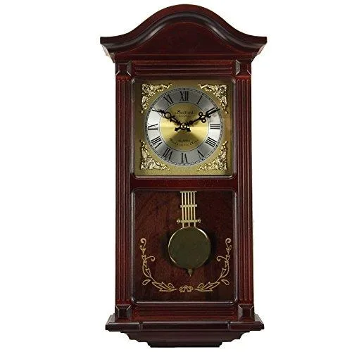 Mahogany cherry oak wall clock with gloss black dial and brass accents, 22 inches