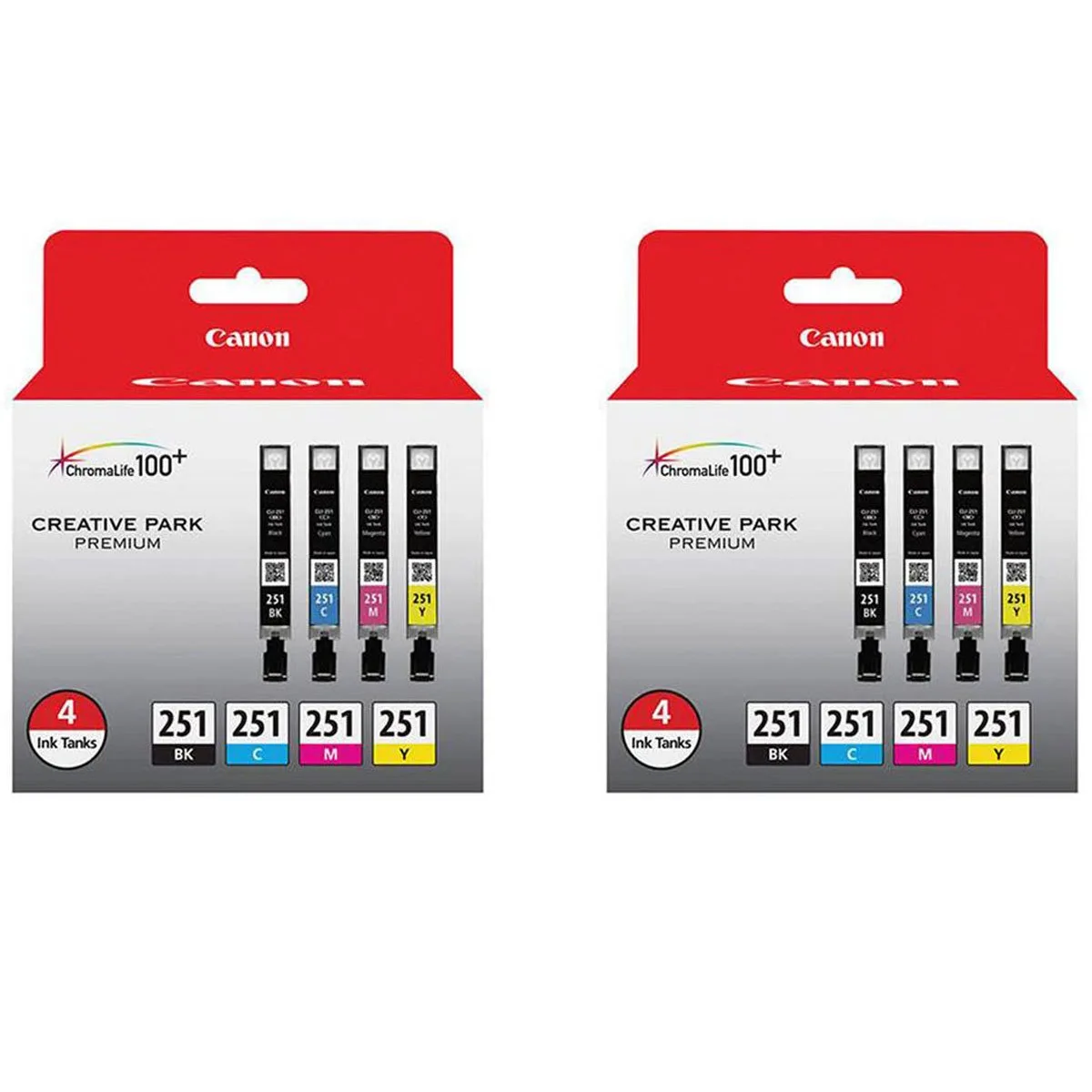 Two boxes each holding four Canon CLI-251 ink tanks in black cyan magenta yellow