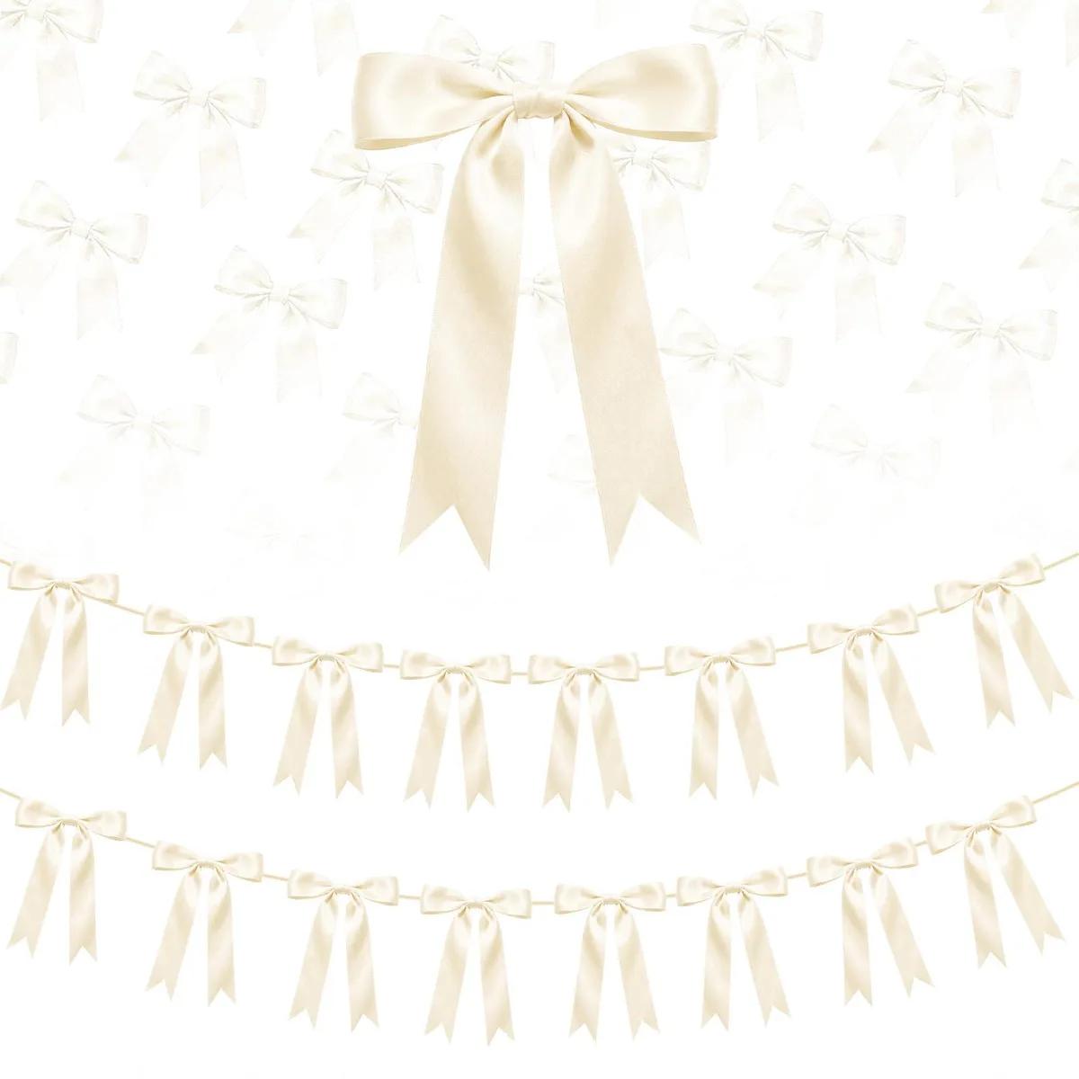  2 Strings Cream Bow Garland Banner Decorations 16Pcs Pre-Strung Satin Ribbon 6.7ft Chain — product photo