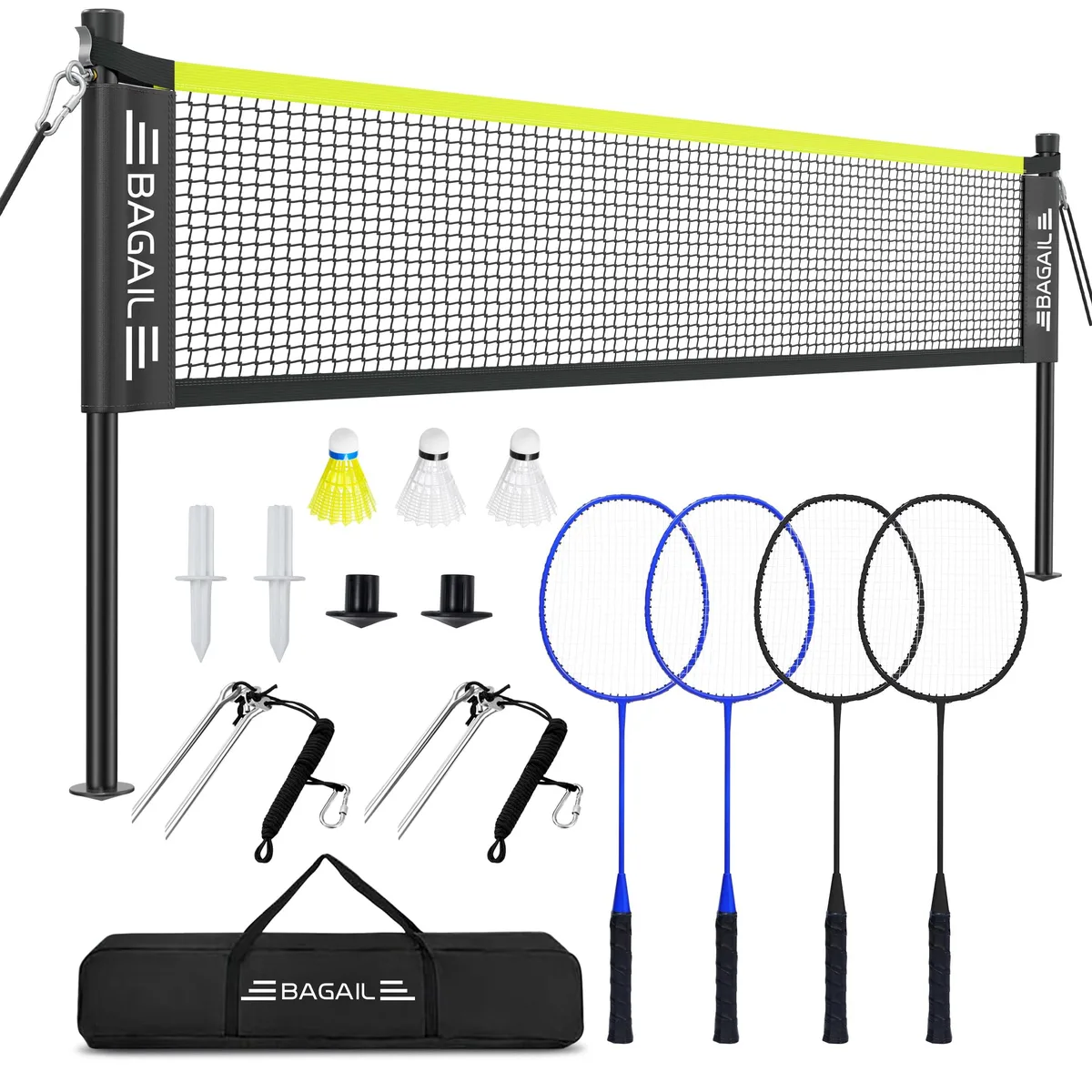 Yellow badminton net set with poles, rackets, shuttlecocks and carry bag