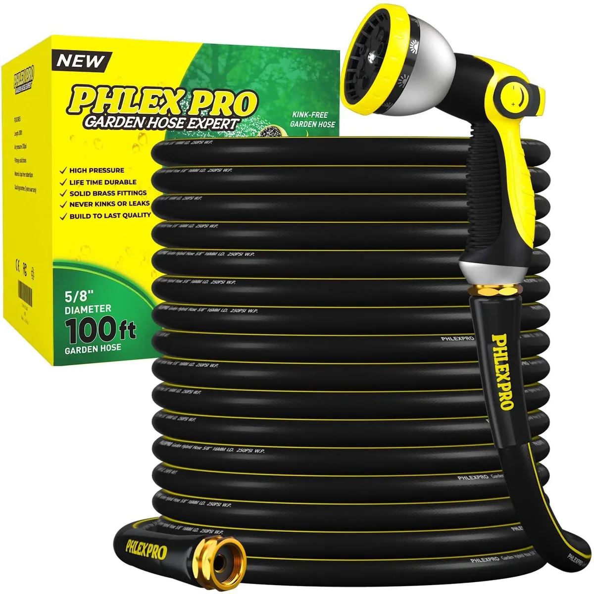 Green 100-foot garden hose with brass fittings and 10-pattern nozzle