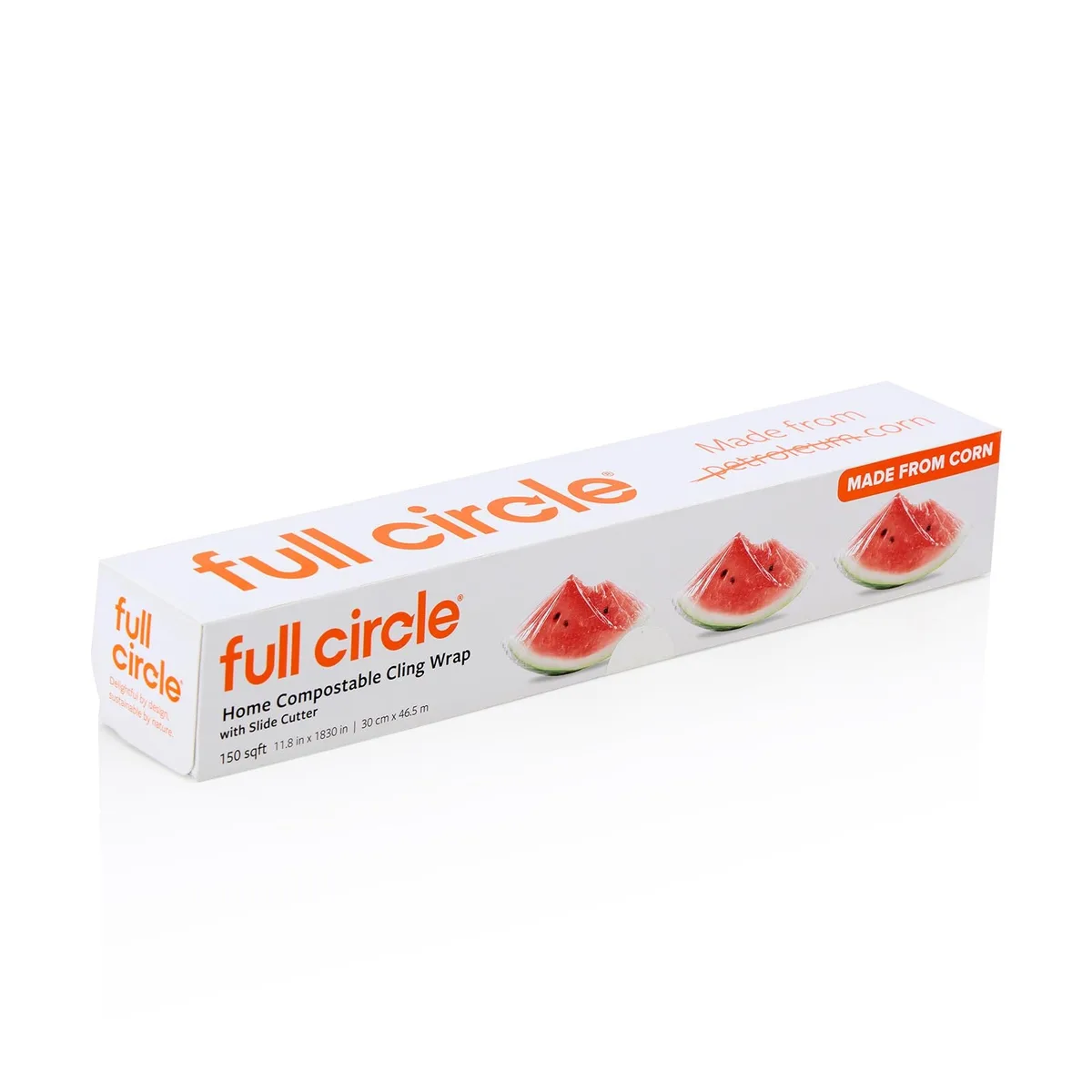 Transparent compostable cling wrap roll in rectangular dispenser with slide cutter