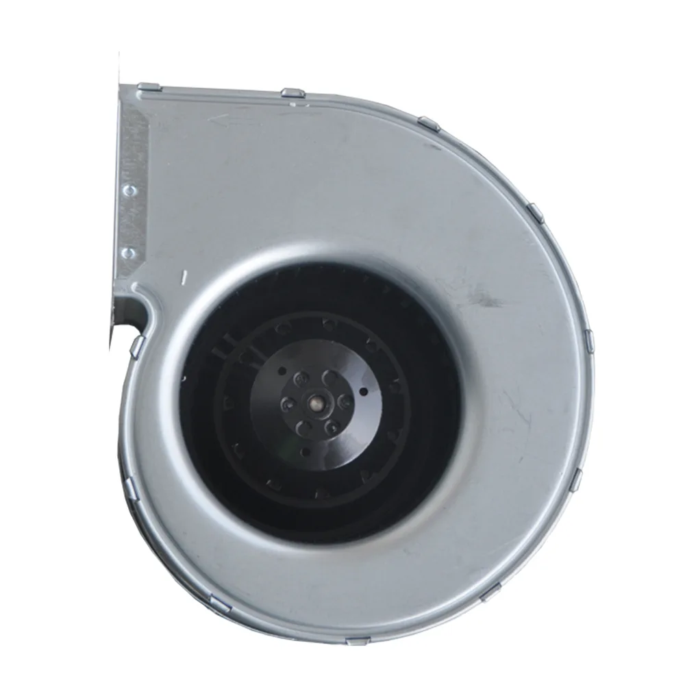 Industrial centrifugal fan with black metal housing and backward-curved blades