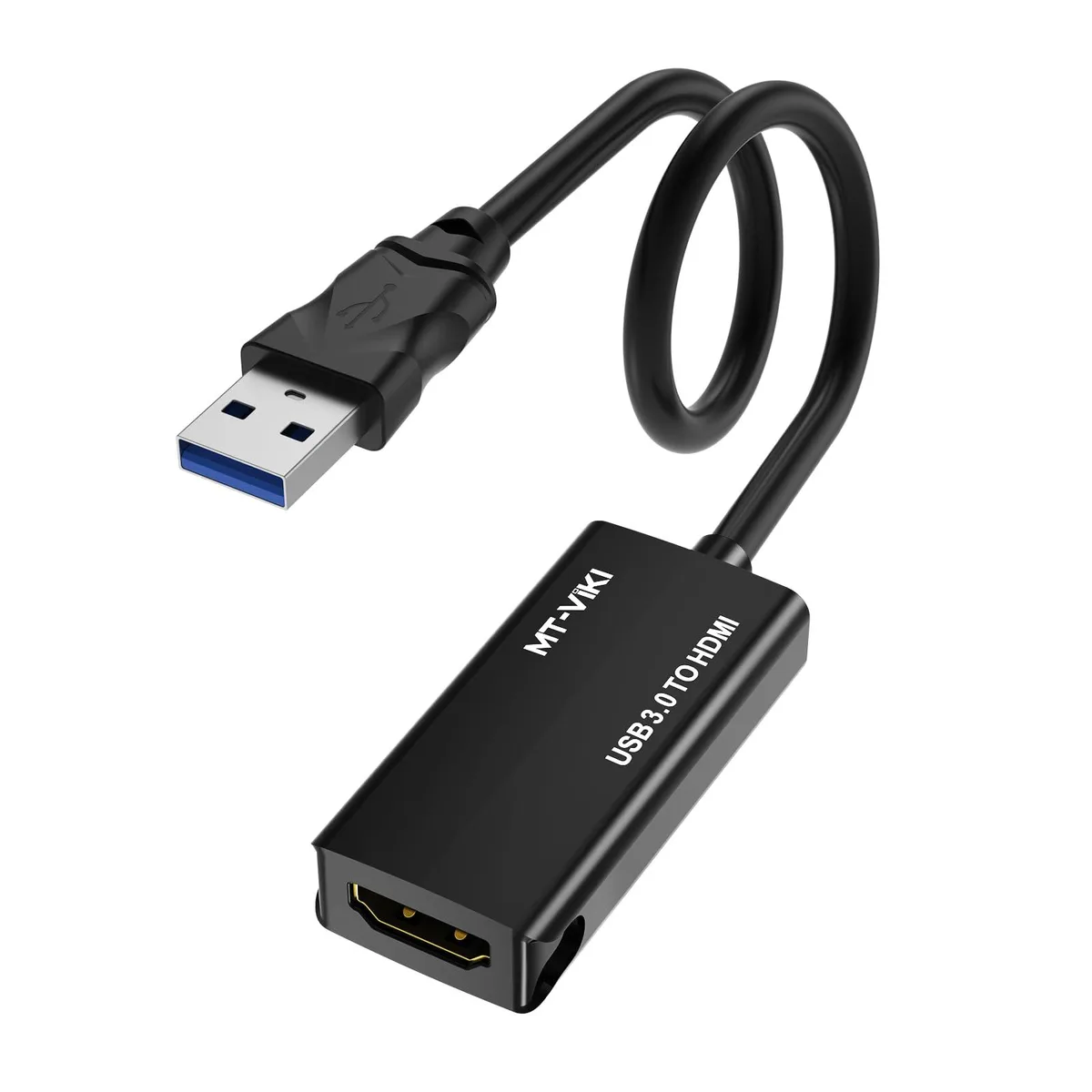 Compact USB 3.0 male to HDMI female adapter in black, lightweight dongle form factor