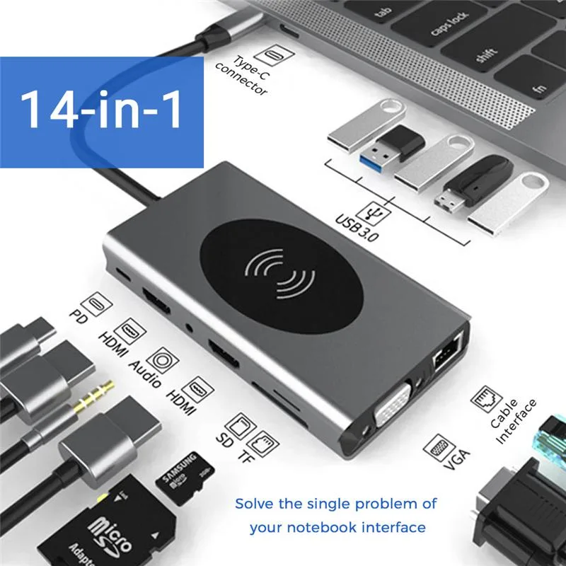 ESTONE ESTONE BXS14IN1 14-in-1 USB-C Docking Station Dual HDMI VGA 5xUSB3.0 Ethernet PD SD TF Audio Wireless Silver — product photo