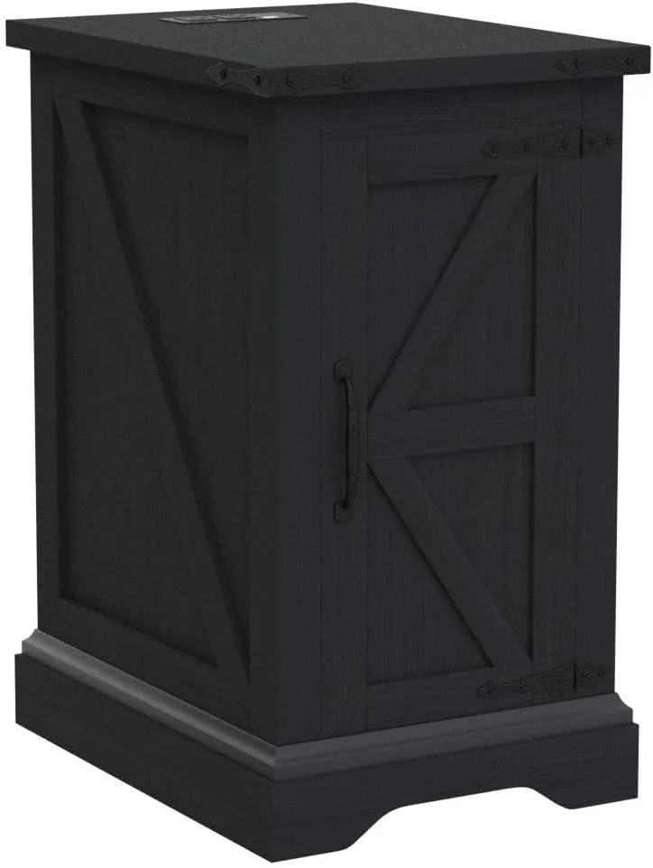 Black rectangular nightstand with barn-style sliding doors and a built-in charging station visible on the back edge