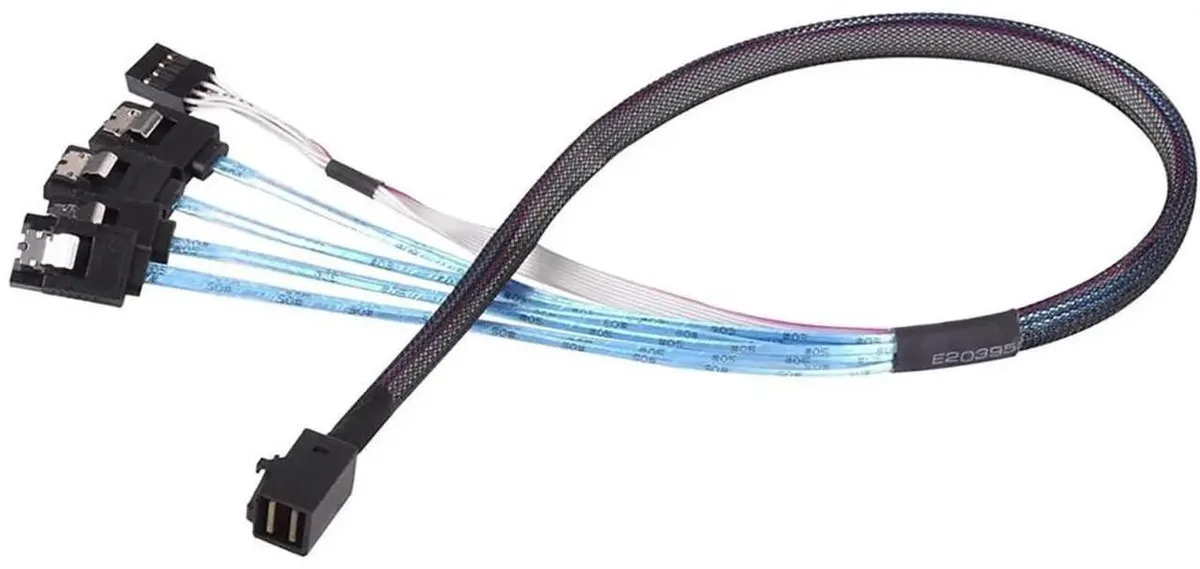 SMUGDESK SMUGDESK .5M Mini SAS HD SFF8643 to 4X SATA 7Pin Sideband Female Cable 30AWG 12Gbps — product photo
