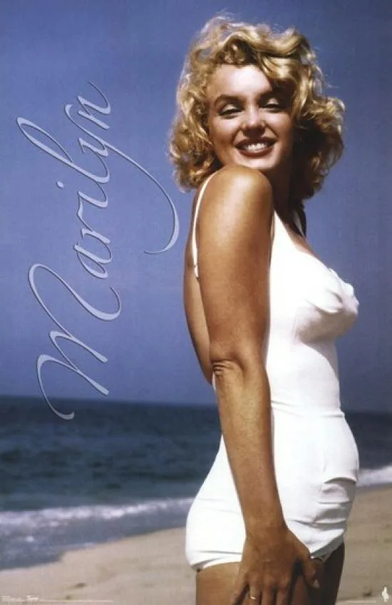 Poster print of Marilyn Monroe on a beach, 24 by 36 inches