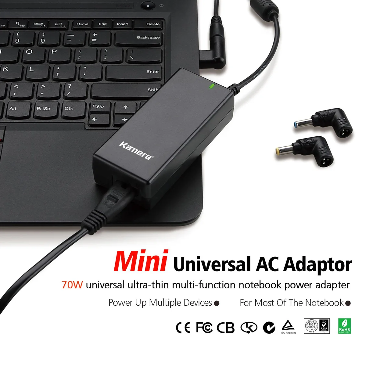 Black rectangular 70W universal laptop charger with 16 interchangeable tips and fabric bag
