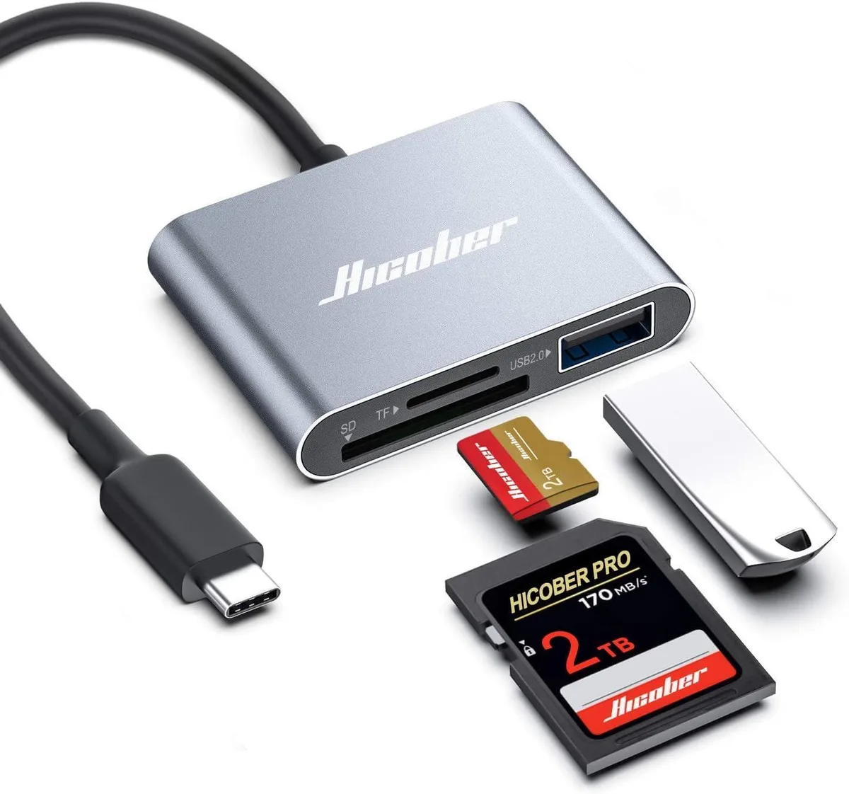 Compact silver USB-C dongle with SD microSD and USB 2.0 ports