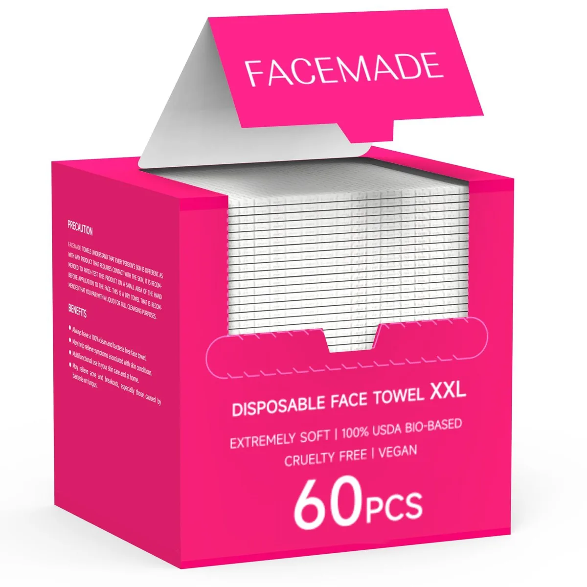 Pink disposable face towels, 60-count pack, 12 by 12 inches