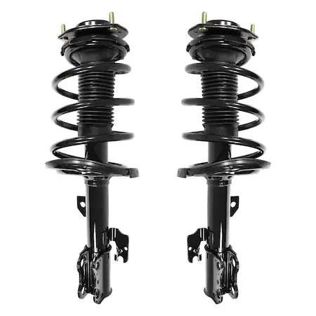 Pair of silver front strut assemblies with coiled springs and top mounts