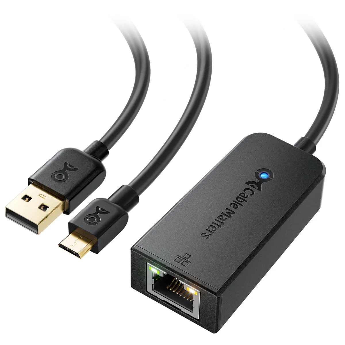Black Micro USB Ethernet adapter with integrated cable and RJ45 port