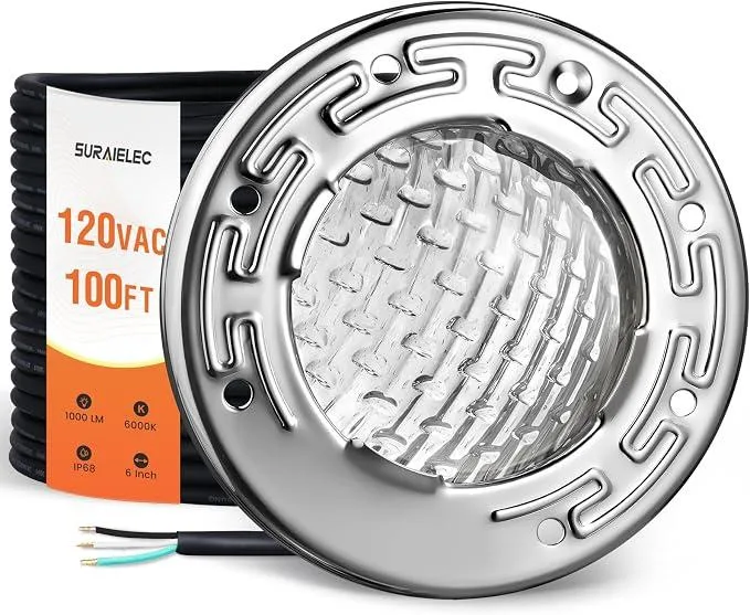 6-inch round LED spa light with stainless steel housing and 100-foot cord