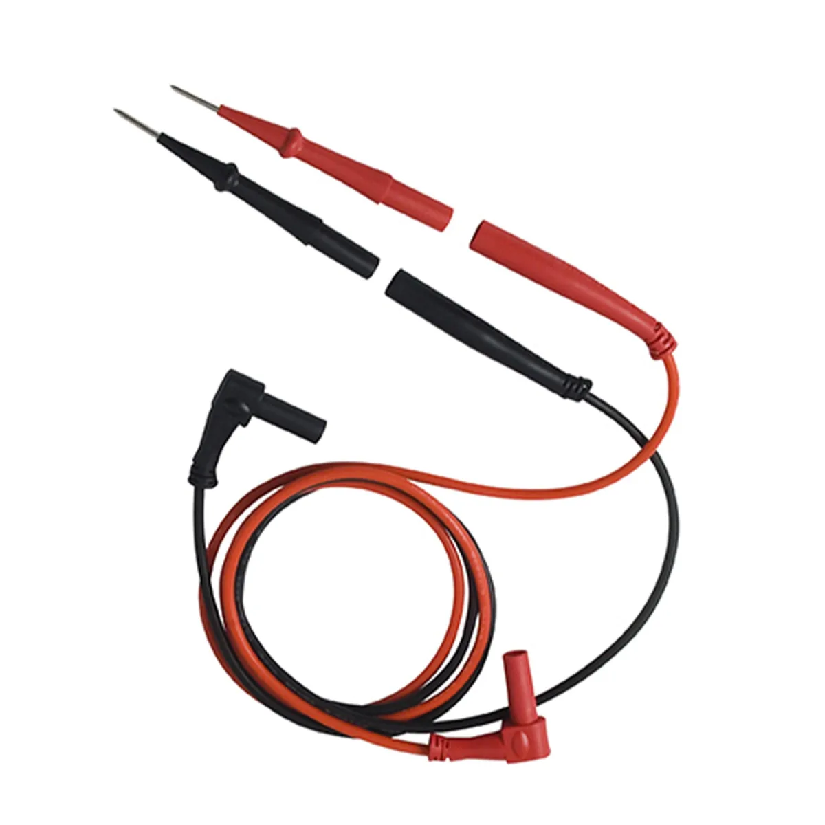 Pair of red and black silicone test leads with gold-plated L-shaped banana plugs and removable probe tips