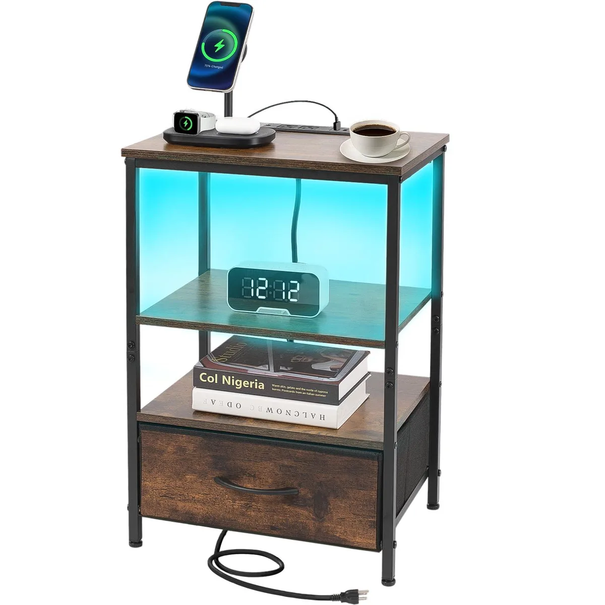 Brown rectangular nightstand with metal frame, engineered wood top, fabric drawer, LED strip and charging ports