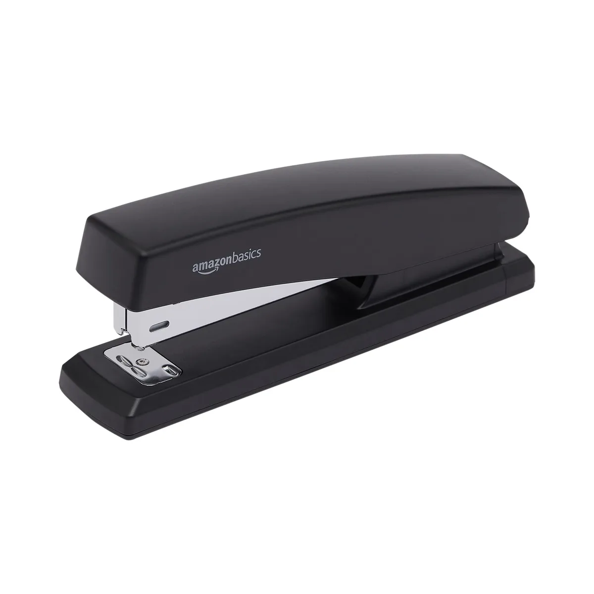 Three black metal manual staplers with rubber bases, staple removers, and staple strips, top-down view