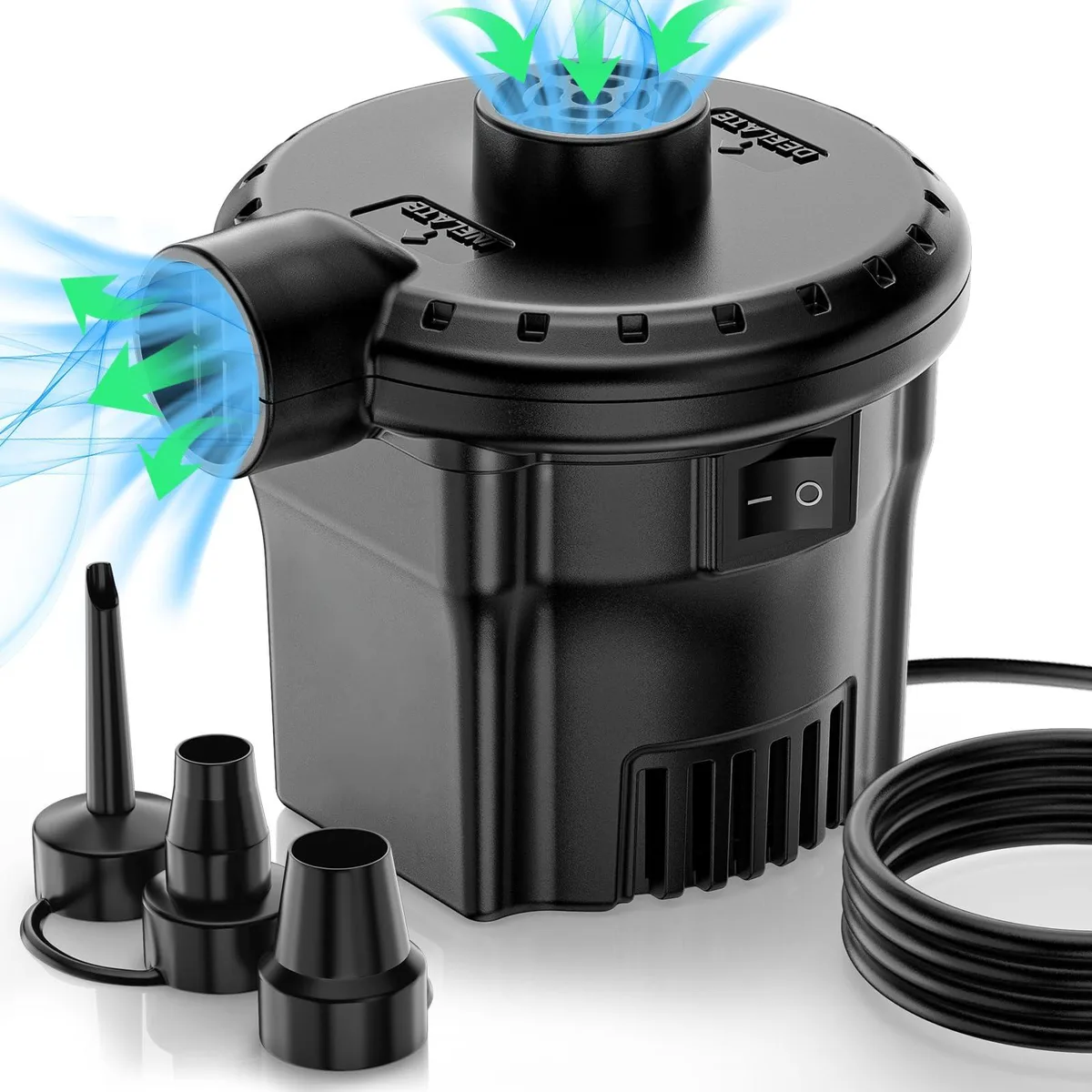 Twelve compact plastic electric air pumps with three nozzles each