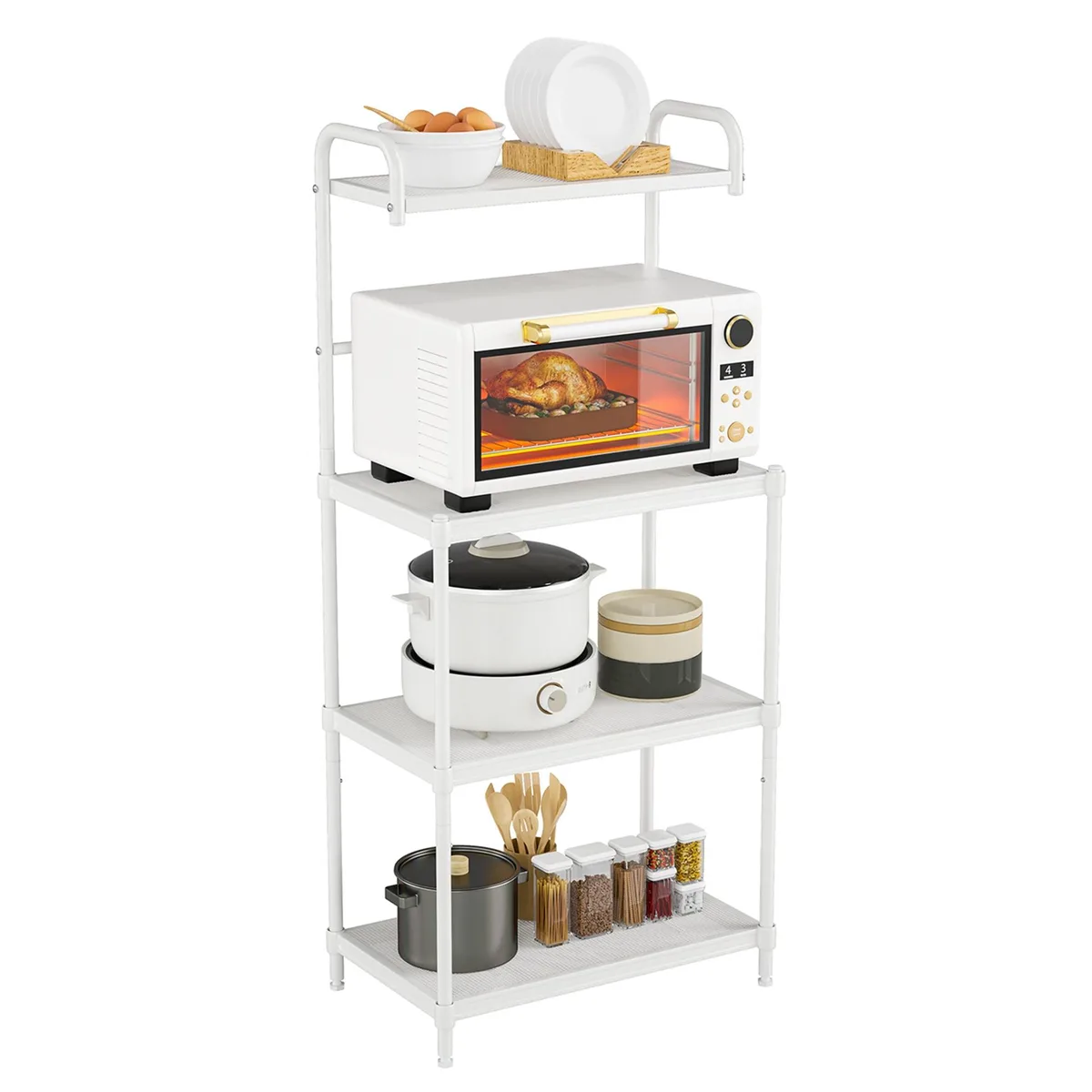 White iron four-tier baker's rack with wire shelves