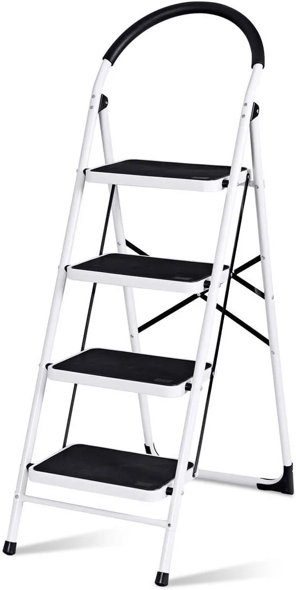 Grey four-step folding ladder with rubber feet and hand grip, shown open at 55 inches high