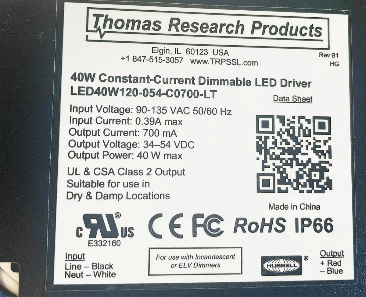 Hubbell Incorporated Hubbell Incorporated LED 40W 120-054-C0700-LT Constant Current Line Voltage Dimmable Driver ballast — product photo