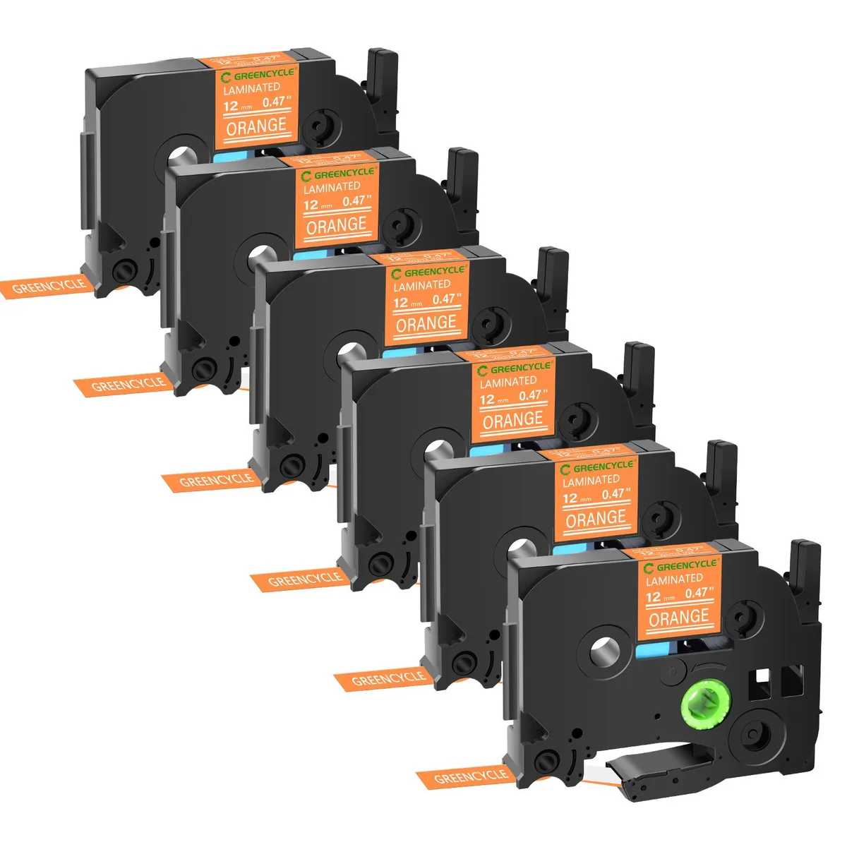 GREENCYCLE GREENCYCLE TZe-635 12mm White on Orange Laminated Tape 6 Pack — product photo