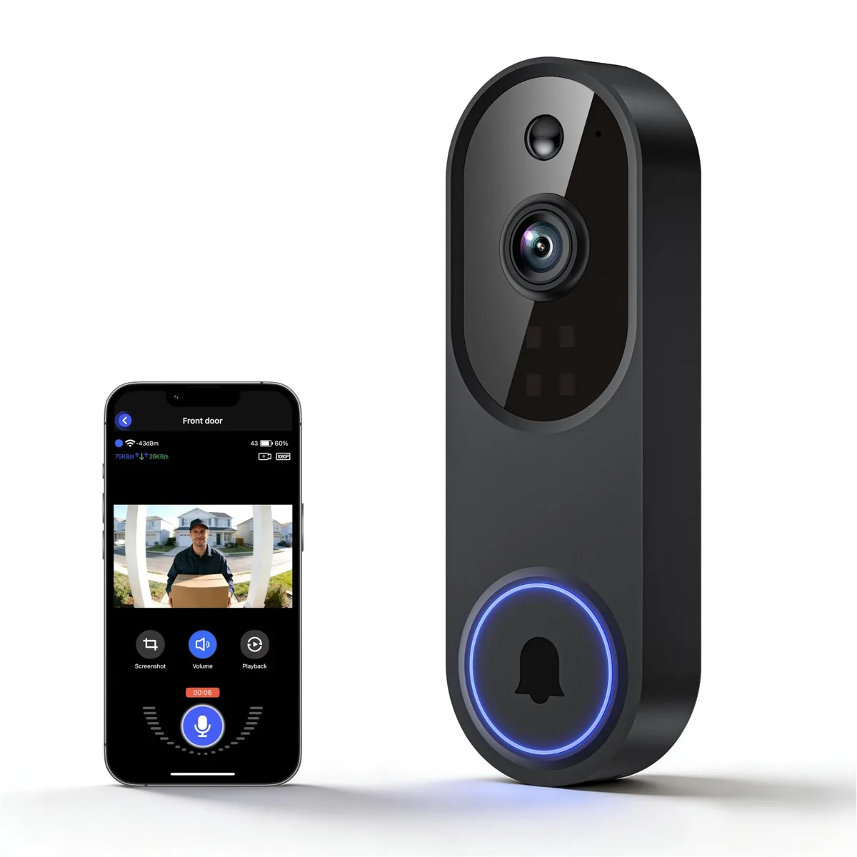 White rectangular video doorbell with camera lens and button, wall-mount design