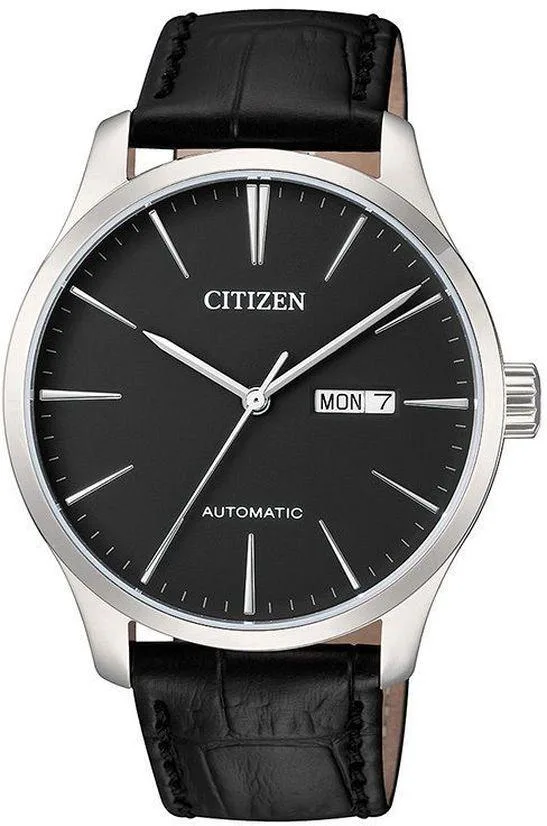 Citizen automatic watch with black dial and leather strap