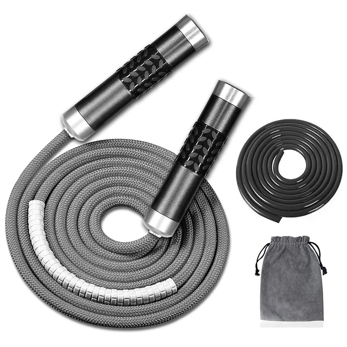 Grey aluminium-handled skipping rope with two 10 ft ropes, one braided cotton, one solid PVC