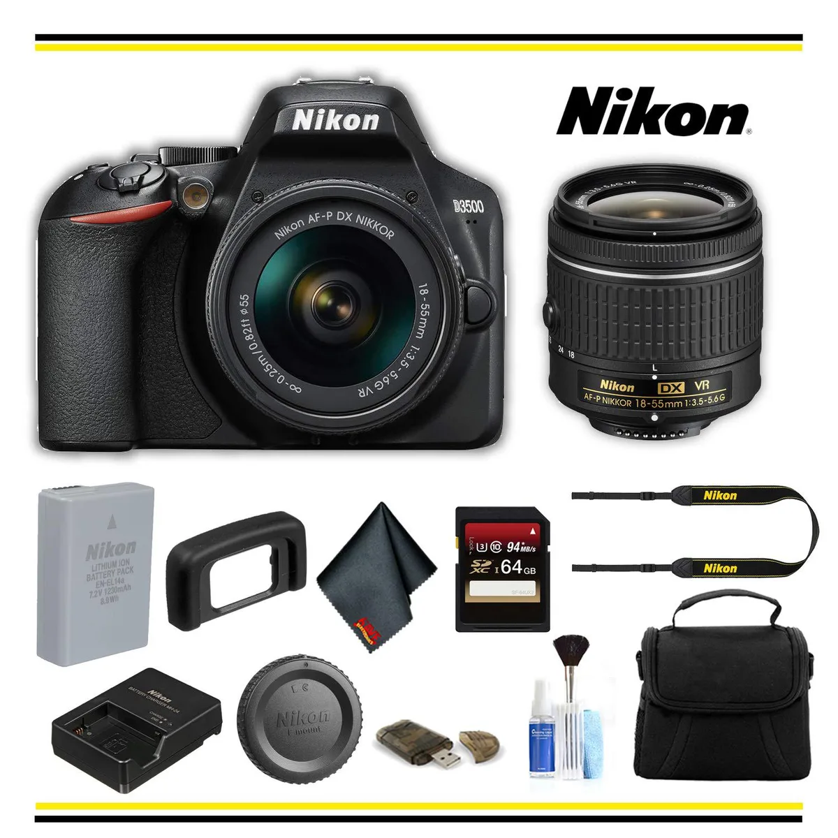 Nikon International Nikon International D3500 DSLR Camera with 18-55mm Lens and 64GB Card — product photo